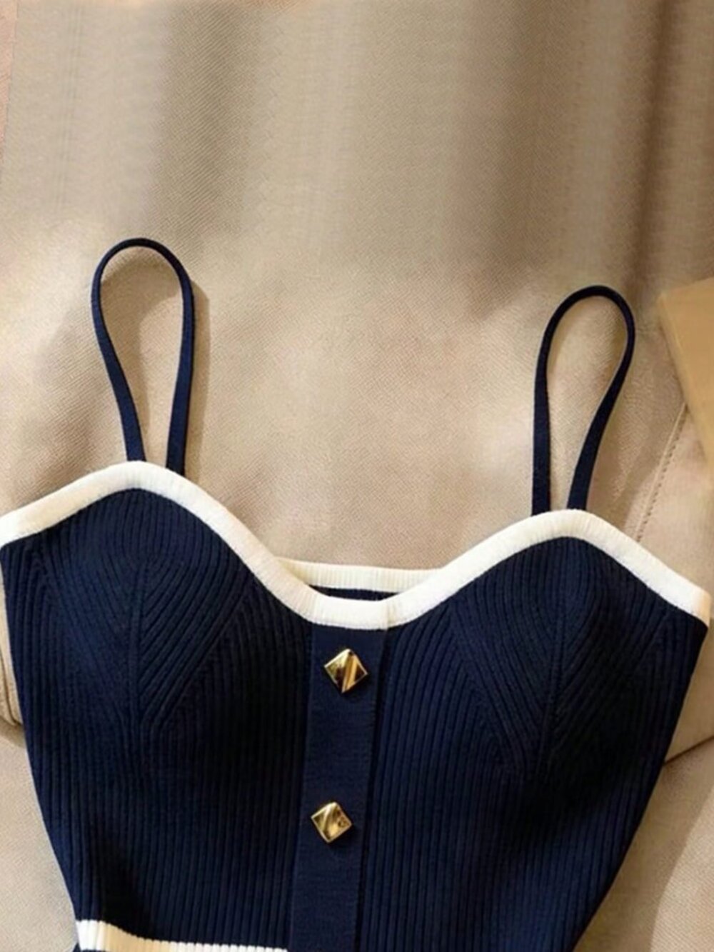 Navy Blue Casual Women's Contrast Color Camisole Knit Top - Picture 3 of 3